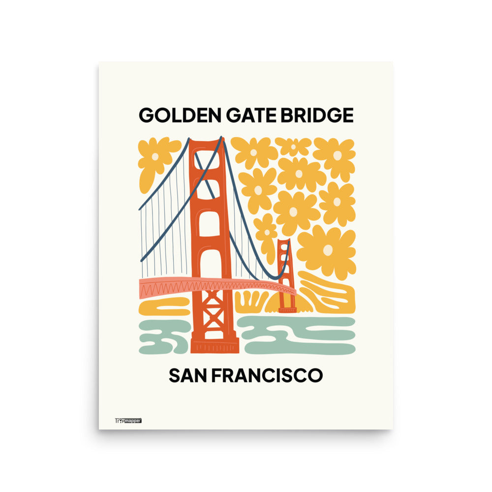 Illustrated art print of Golden Gate Bridge San Francisco in bold colours — 16×20