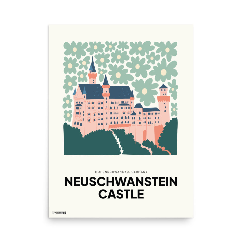 Illustrated art print of Neuschwanstein Castle Bavaria in bold colours