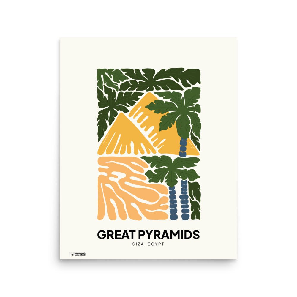 Illustrated art print of the Great Pyramids of Giza in bold colours — 16×20