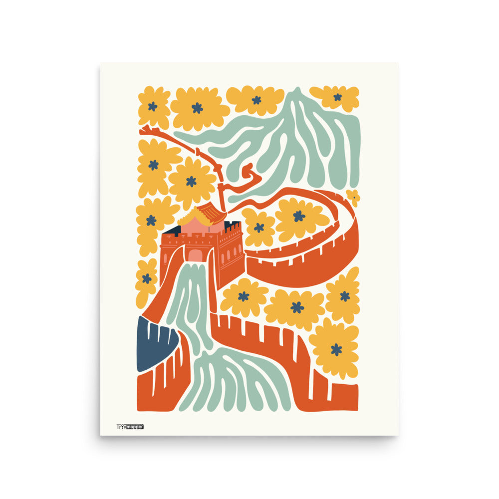 Illustrated art print of the Great Wall of China in bold colours — 16×20