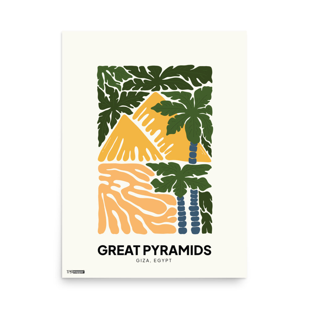 Illustrated art print of the Great Pyramids of Giza in bold colours — 18″×24″