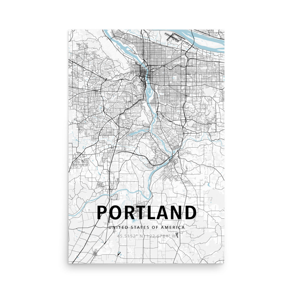 Minimal map art print of Portland Oregon city streets — Bright